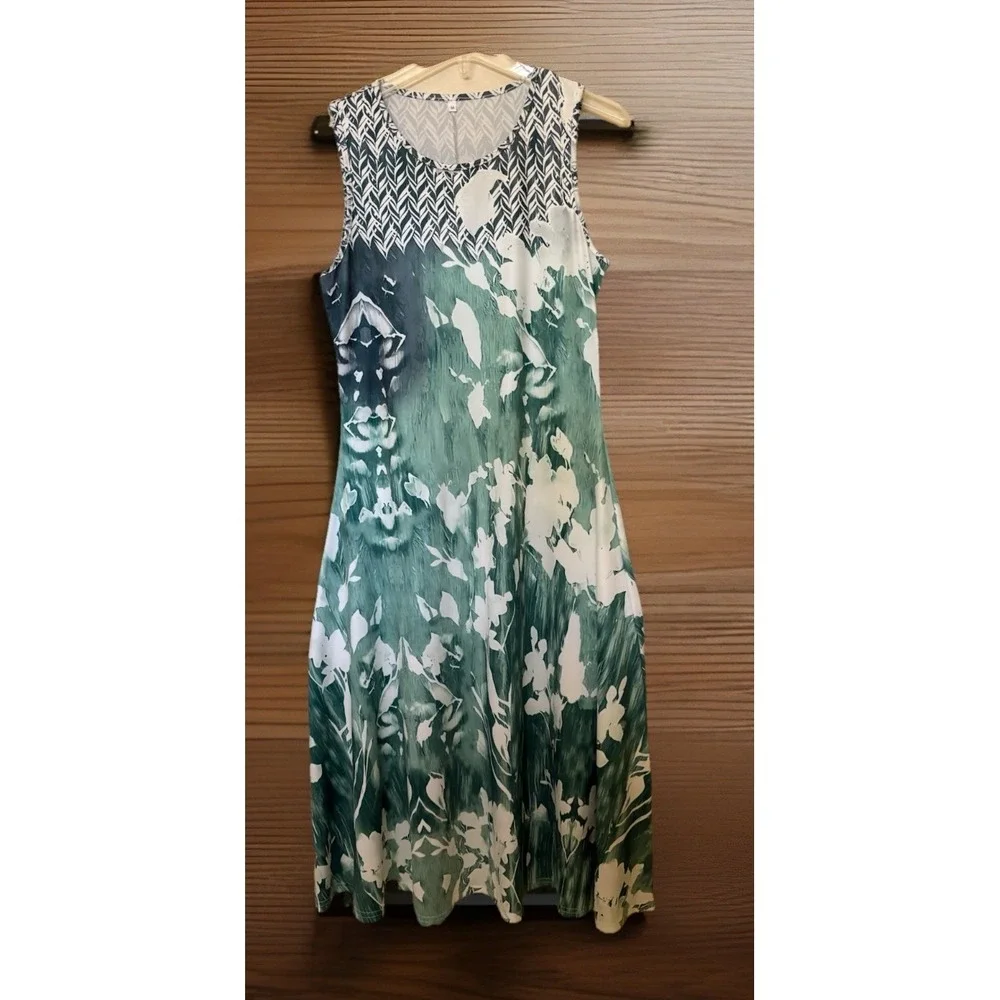 2 Pc Womens Dress Set Medium Green‎ Floral Midi Maxi Dress Sheer Overlay Jacket